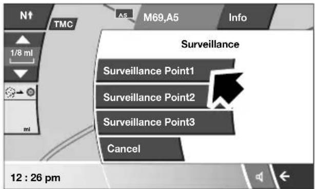 N↑ TMC A5 M69,A5 Info Surveillance Surveillance Point1 Surveillance Point2 Surveillance Point3 Cancel 1/8 ml mi 12 : 26 pm
