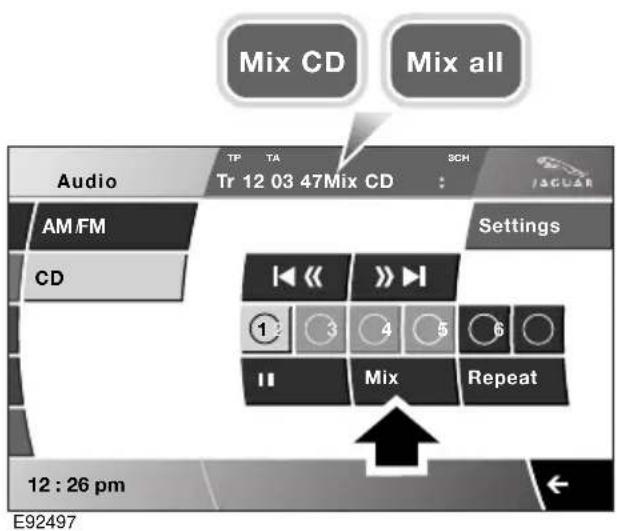 Mix CD Mix all Audio TP TA SCH Tr 12 03 47Mix CD : AM/FM CD Settings 1 2 3 4 5 6 Mix Repeat 12 : 26 pm E92497