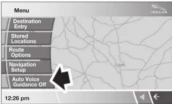 Menu Destination Entry Stored Locations Route Options Navigation Setup Auto Voice Guidance Off 12:26 pm