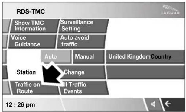 RDS-TMC Show TMC Information Surveillance Setting Voice Guidance Auto avoid traffic Station Auto Manual United Kingdom Country Change Traffic on Route Will Traffic Events 12 : 26 pm