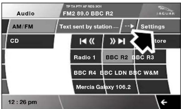 Audio TP TA PTY AF REG 3CH FM2 89.0 BBC R2 AM/FM Text sent by station.... Settings CD Radio 1 BBC R2 BBC R3 BBC R4 BBC LDN BBC W&M Mercia Galaxy 106.2 12 : 26 pm