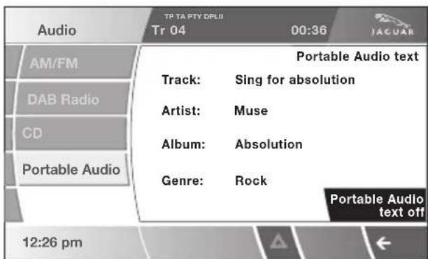 Audio TP TA PTY DPLII Tr 04 00:36 JACUAR AM/FM DAB Radio CD Portable Audio Portable Audio text Track: Sing for absolution Artist: Muse Album: Absolution Genre: Rock Portable Audio text off 12:26 pm