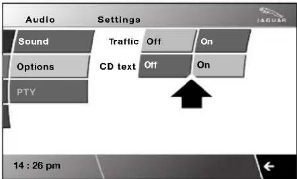 Audio Settings Sound Traffic Off On Options CD text Off On PTY 14 : 26 pm