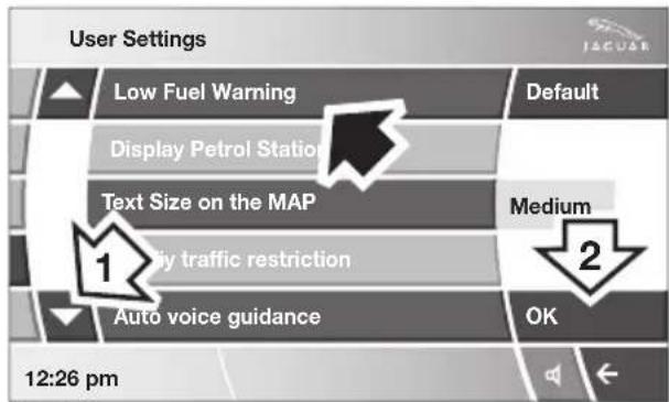 User Settings Low Fuel Warning Default Display Petrol Station Text Size on the MAP Medium 2 Hy traffic restriction Auto voice guidance OK 12:26 pm