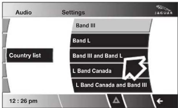 Audio Settings Country list Band III Band L Band III and Band L L Band Canada L Band Canada and Band III 12 : 26 pm