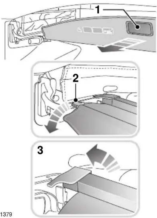 Diagram illustrating vehicle interior and exhaust airflow, showing three steps with labeled components.
