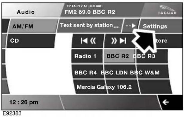 Audio TP TA PTY AF REG SCH FM2 89.0 BBC R2 TJAGUAR AM/FM Text sent by station.... Settings CD Radio 1 BBC R2 BBC R3 BBC R4 BBC LDN BBC W&M Mercia Galaxy 106.2 12 : 26 pm E92383