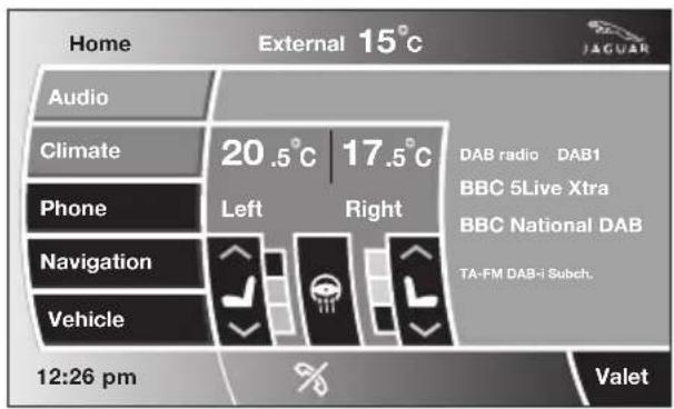Home External 15°C Audio Climate 20.5°C 17.5°C Phone Left Right Navigation Vehicle 12:26 pm DAB radio DAB1 BBC 5Live Xtra BBC National DAB TA-FM DAB-i Subch. Valet