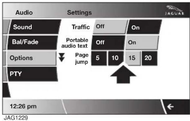 Audio Settings Sound Traffic Off On Bal/Fade Portable audio text Options Off On PTY Page jump 5 10 15 20 12:26 pm JAG1229