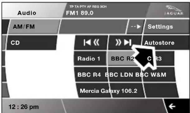 Audio TP TA PTY AF REG 3CH FM1 89.0 AM/FM Settings CD Autostore Radio 1 BBC R2 C R3 BBC R4 BBC LDN BBC W&M Mercia Galaxy 106.2 12 : 26 pm