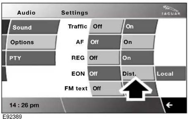 Audio Settings Sound Options PTY Traffic Off On AF Off On REG Off On EON Off Dist. Local FM text Off 14 : 26 pm E92389