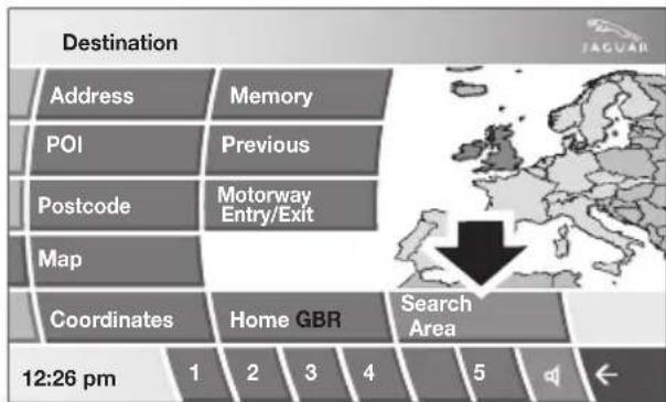 Destination Address Memory POI Previous Postcode Motorway Entry/Exit Map Coordinates Home GBR Search Area 12:26 pm 1 2 3 4 5 ←