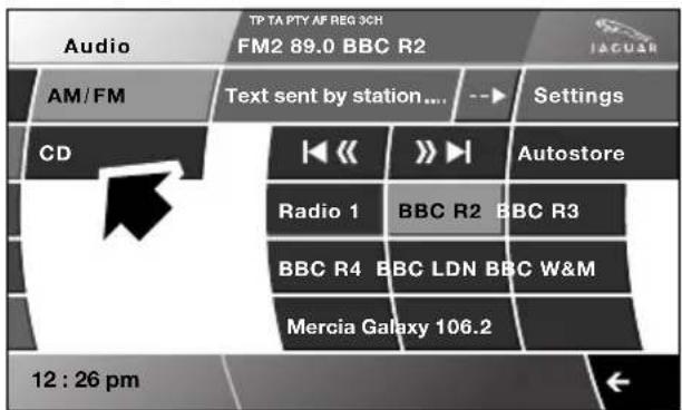 Audio TP TA PTY AF REG 3CH FM2 89.0 BBC R2 AM/FM Text sent by station.... Settings CD Autostore Radio 1 BBC R2 BBC R3 BBC R4 BBC LDN BBC W&M Mercia Galaxy 106.2 12 : 26 pm