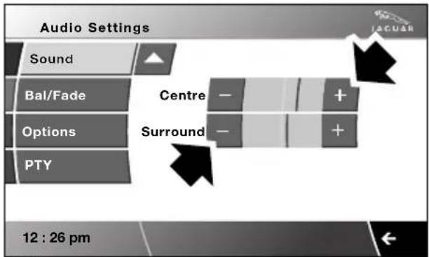 Audio Settings Sound Bal/Fade Options PTY Centre + Surround + 12 : 26 pm