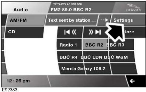 Audio TP TA PTY AF REG 3CH FM2 89.0 BBC R2 AM/FM Text sent by station.... Settings CD Radio 1 BBC R2 BBC R3 BBC R4 BBC LDN BBC W&M Mercia Galaxy 106.2 12 : 26 pm E92383