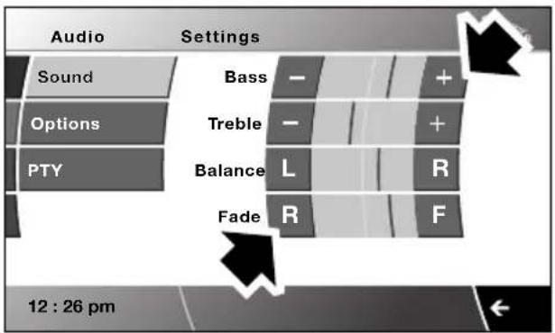 Audio Settings Sound Options PTY Bass Treble Balance Fade 12 : 26 pm + + R R F