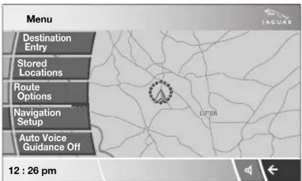 Menu Destination Entry Stored Locations Route Options Navigation Setup Auto Voice Guidance Off 12 : 26 pm