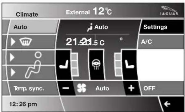 Climate External 12°C Auto Auto Settings 21.5°C A/C Temp sync. - + Auto OFF 12: 26 pm
