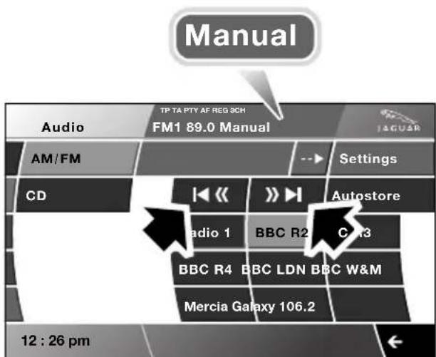 Manual Audio TP TA PTY AF REG SCH FM1 89.0 Manual AM/FM Settings CD Autostore Radio 1 BBC R2 C 3 BBC R4 BBC LDN BBC W&M Mercia Galaxy 106.2 12 : 26 pm
