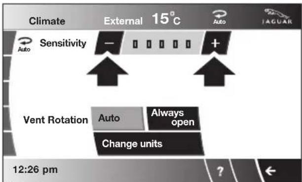 Climate External 15°C Auto JAGUAR Sensitivity - + Vent Rotation Auto Always open Change units 12:26 pm ?