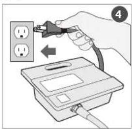 Diagram showing a hand inserting a plug into an electrical outlet, with a numbered step indicator.
