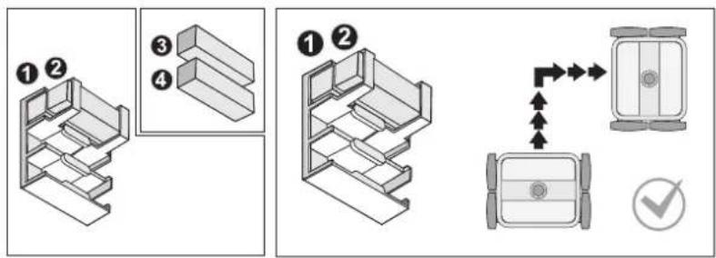 Technical diagram illustrating 3D furniture layout and door mechanism with numbered components and directional arrows