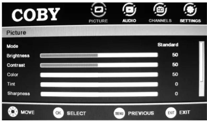 COBY PICTURE AUDIO CHANNELS SETTINGS Picture Mode Standard Brightness 50 Contrast 50 Color 50 Tint 0 Sharpness 0 MOVE OK SELECT MENU PREVIOUS EXIT EXIT