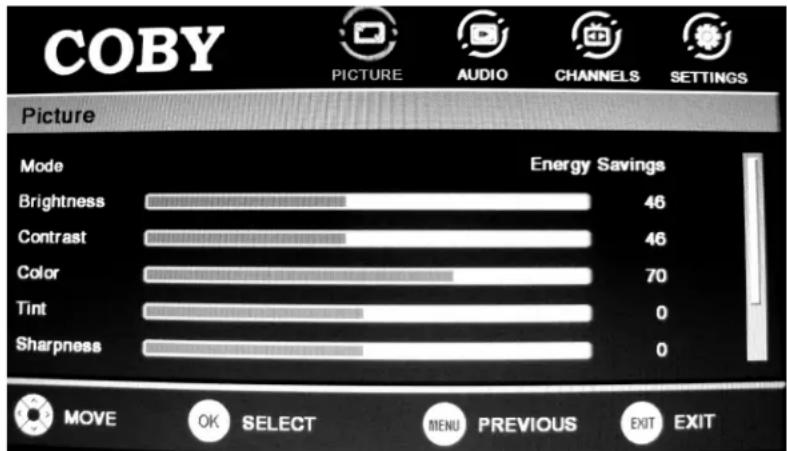 COBY PICTURE AUDIO CHANNELS SETTINGS Picture Mode Energy Savings Brightness 46 Contrast 46 Color 70 Tint 0 Sharpness 0 MOVE OK SELECT MENU PREVIOUS EXIT EXIT