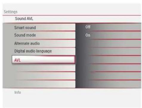 Settings Sound AVL Smart sound Sound mode Alternate audio Digital audio language AVL Off On Info