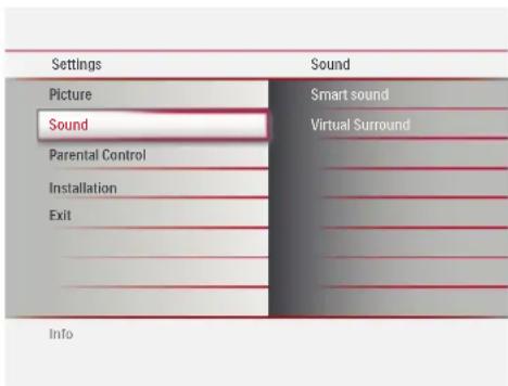 Settings Picture Sound Parental Control Installation Exit Sound Smart sound Virtual Surround Info