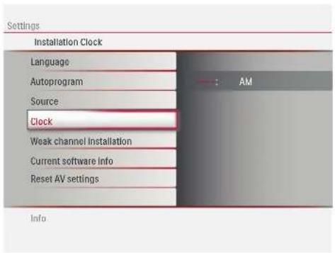 Settings Installation Clock Language Autoprogram Source Clock Weak channel Installation Current software Info Reset AV settings AM Info