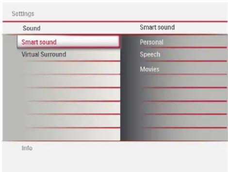 Settings Sound Smart sound Virtual Surround Smart sound Personal Speech Movies Info