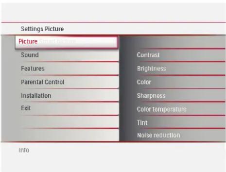 Settings Picture Picture Sound Features Parental Control Installation Exit Contrast Brightness Color Sharpness Color temperature Tint Noise reduction Info