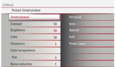 Settings Picture Smart picture Smart picture Contrast 50 Brightness 50 Color 50 Sharpness 1 Color temperature Tint 3 Noise reduction 1 Personal Rich Natural Soft Power saver