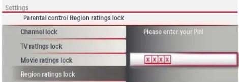 Settings Parental control Region ratings lock Channel lock TV ratings lock Movie ratings lock Region ratings lock Please enter your PIN