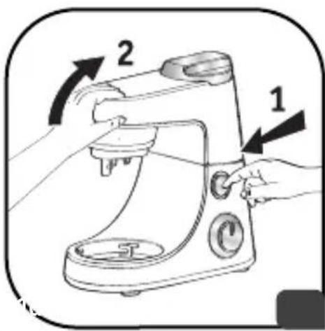 Diagram of a kitchen mixer with labeled parts 1 and 2, showing hand positions for operating controls.
