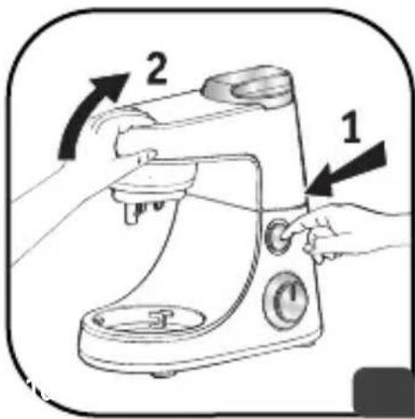Diagram of a kitchen mixer with labeled parts 1 and 2, showing hands operating the motor.