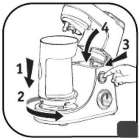 Diagram of a blender with numbered parts and directional arrows indicating process flow