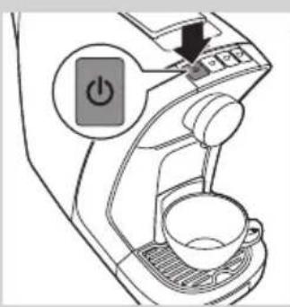 Diagram of a coffee machine with a power button and control panel, showing a coffee cup and fan.