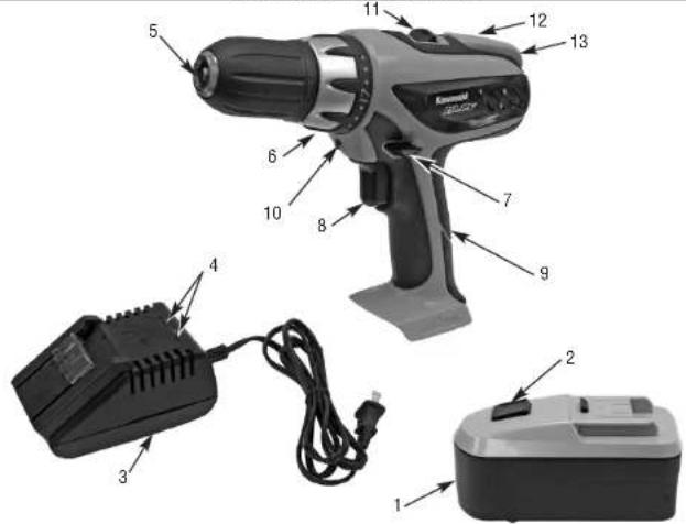 Labeled diagram of a portable electric drill with numbered parts including power supply, battery, and charging unit