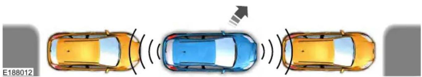 Top-down view of three cars with visible sound waves and a directional arrow, no text or symbols present
