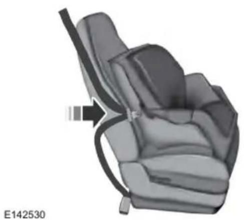 3D rendered image of a car seatbelt device with a black arrow pointing to the seat (no text or symbols on the device itself)