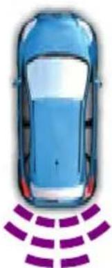 Top-down illustration of a blue car with purple sound waves below (no text or symbols)