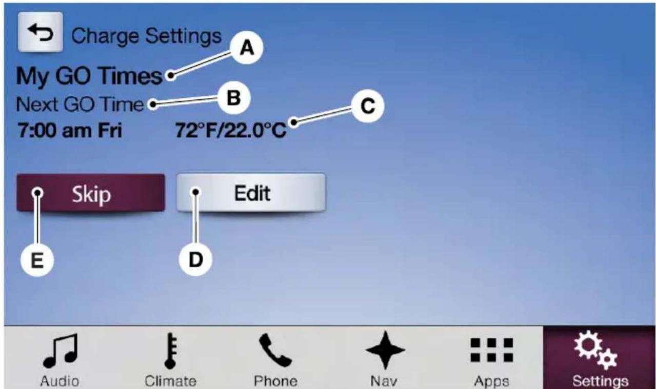Charge Settings My GO Times Next GO Time 7:00 am Fri 72°F/22.0°C Skip Edit Audio Climate Phone Nav Apps Settings