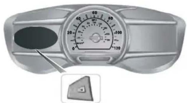 Close-up of a car dashboard with a speedometer and a small inset showing a triangular component (no text or symbols visible)