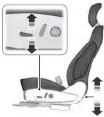 Diagram showing car seat positioning with directional arrows and a screen displaying icons for vehicle components