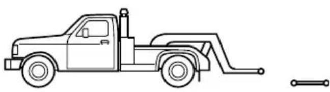 Line drawing of a flatbed utility truck with a ramp and a flat support (no text or symbols)