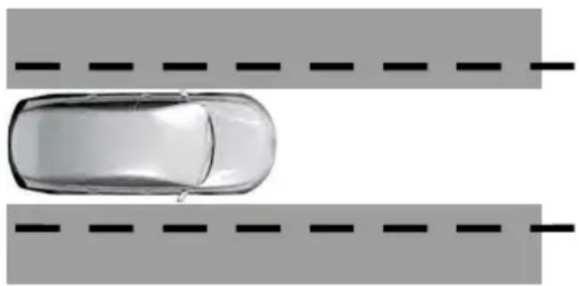 Top-down view of a car on a road with two parallel dashed lanes (no text or symbols)