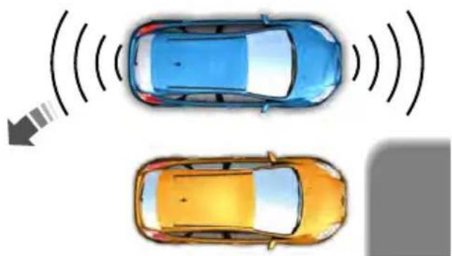 Top-down diagram of two cars with sound waves and directional arrows indicating traffic (no text or symbols)