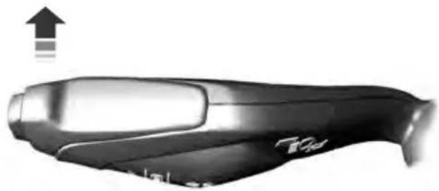 Close-up of a black handheld device with a white handle and a small logo, no visible text or symbols.